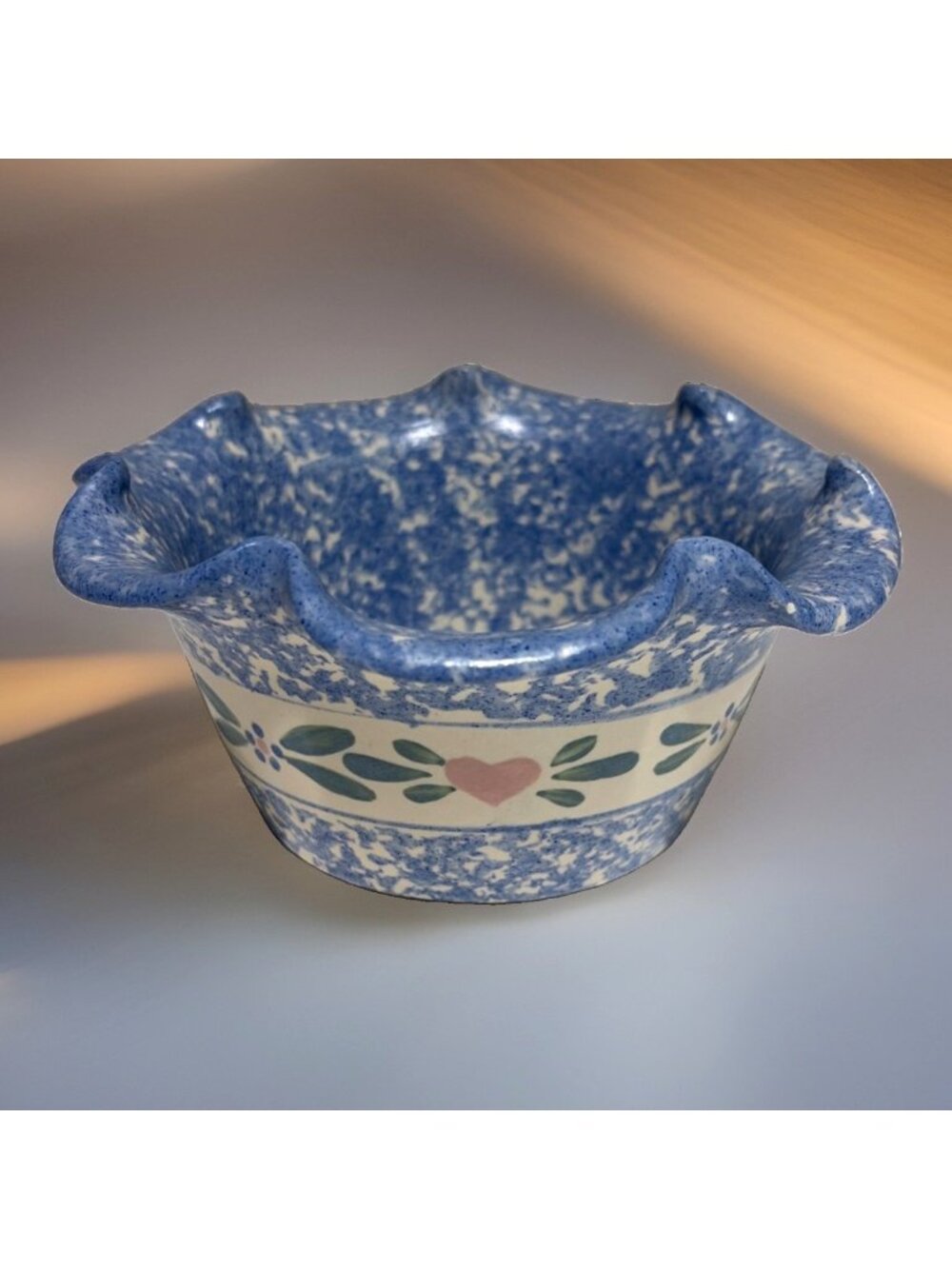 Vintage East Texas Pottery Blue Spongeware Ruffled Bowl Pink Hearts Marshall TX